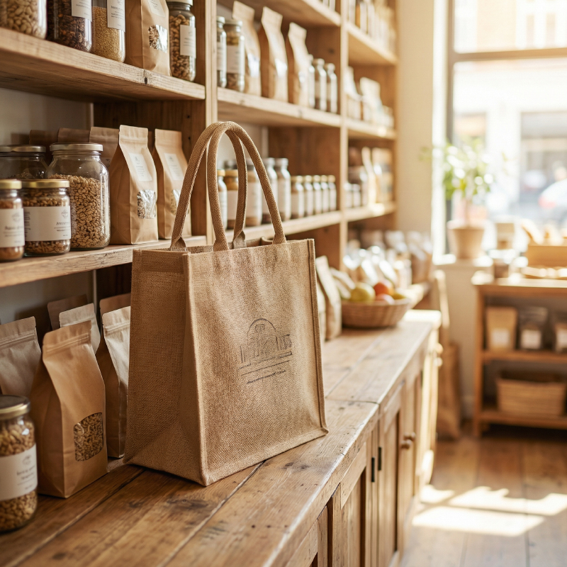 Reusable-jute-tote-bag-in-organic-retail-store