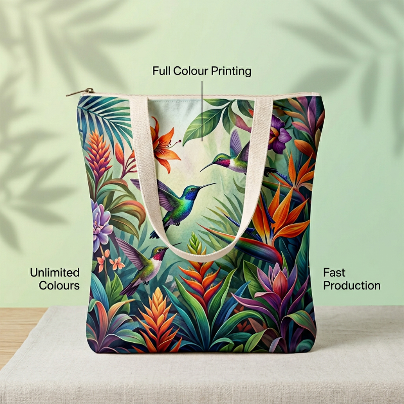 Full-color-digital-printing-artwork-on-custom-canvas-tote-bag-demonstrating-gradient-and-multi-color-logo-clarity