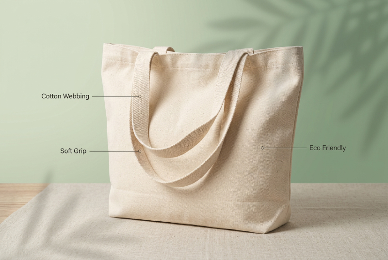 Custom-canvas-tote-bag-with-soft-cotton-webbing-handles-showing-comfortable-texture-and-reinforced-stitching