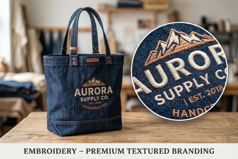 embroidered-logo-stitching-detail-on-denim-tote-bag