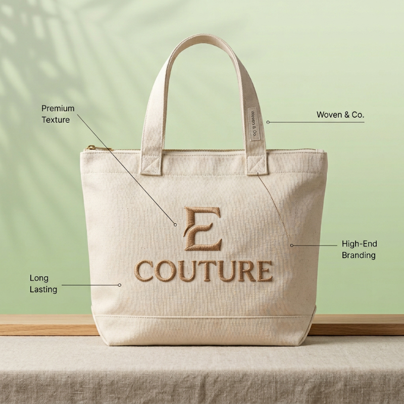 Premium-stitched-branding-options-including-embroidery,-woven-labels,-and-leather-patches-on-custom-canvas-tote-bag