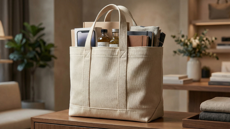 Heavy-duty-16oz-canvas-tote-bag-used-for-premium-retail-packaging-and-corporate-gifting-showing-thick-structured-fabric-and-high-load-capacity