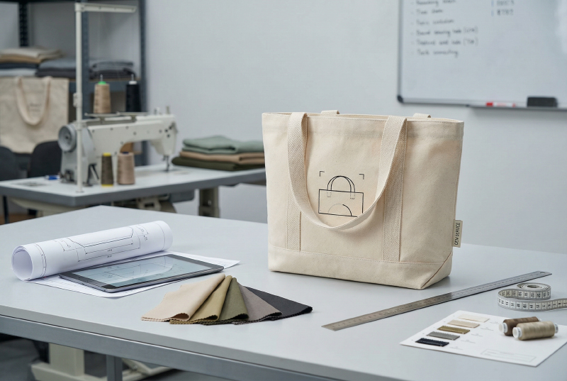 OEM-custom-canvas-tote-bag-manufacturing-process-showing-design-development,-material-selection,-and-production-workflow