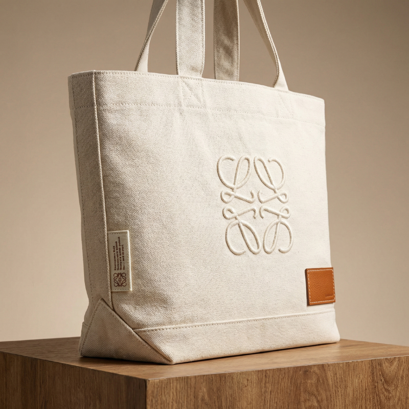 Premium-stitched-branding-options-including-embroidery,-woven-labels,-and-leather-patches-on-custom-canvas-tote-bag