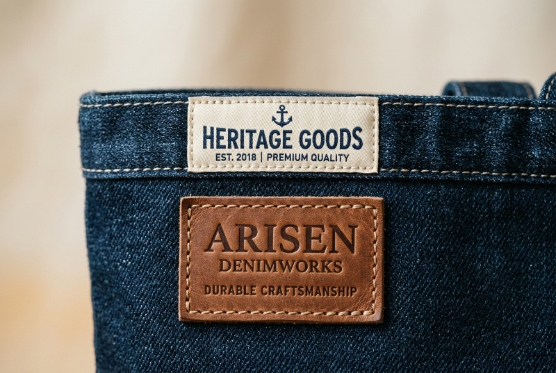 Denim-tote-bag-woven-label-and-leather-patch-detail