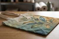 Digital printing artwork fully displayed on canvas tote bag showing detailed multi-color branding design