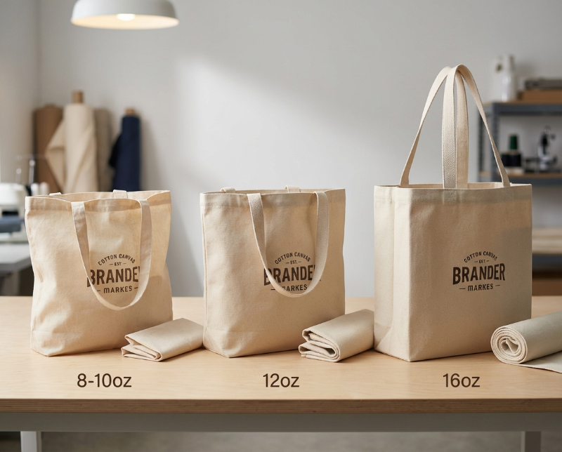 Comparison-of-8oz,-12oz,-and-16oz-canvas-tote-bags-showing-differences-in-fabric-thickness,-structure,-and-print-performance