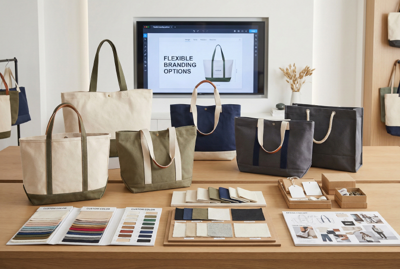 OEM-custom-canvas-tote-bag-manufacturing-process-showing-design-development,-material-selection,-and-production-workflow