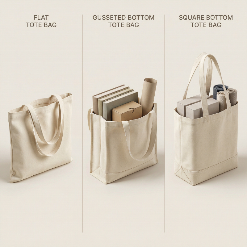 Comparison-of-flat,-gusseted-bottom,-and-square-bottom-custom-canvas-tote-bag-structures-showing-capacity-and-usability-differences