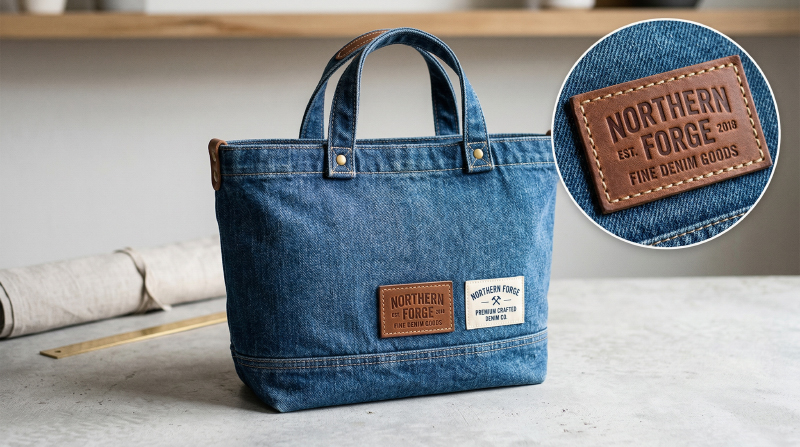 woven-label-or-leather-logo-patch-on-denim-tote-bag