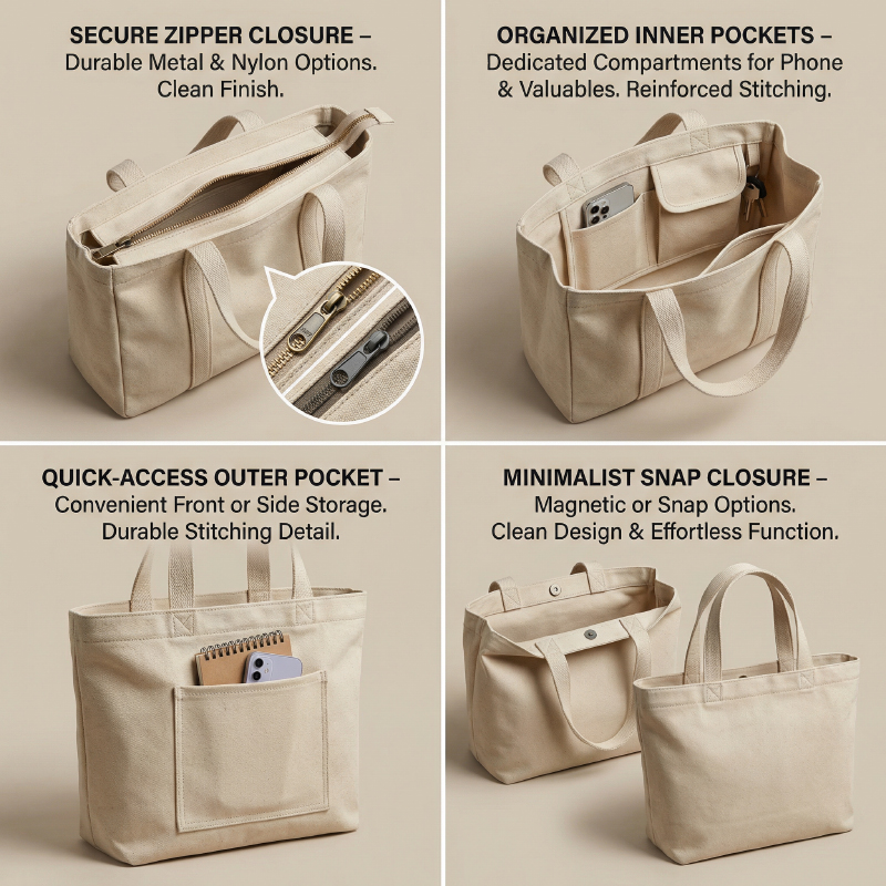 Combination-infographic-showing-zipper-closure,-inner-pockets,-outer-pockets,-and-magnetic-closure-accessories-on-custom-canvas-tote-bags