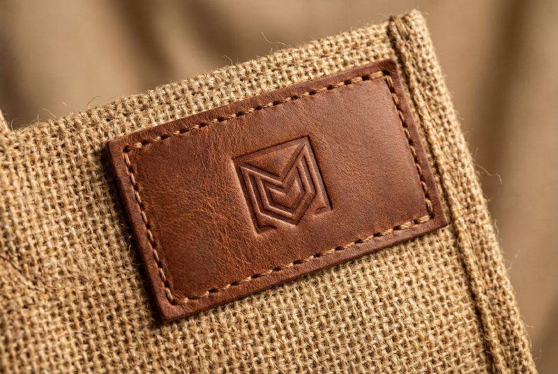 Leather-logo-patch-stitched-on-jute-tote-bag