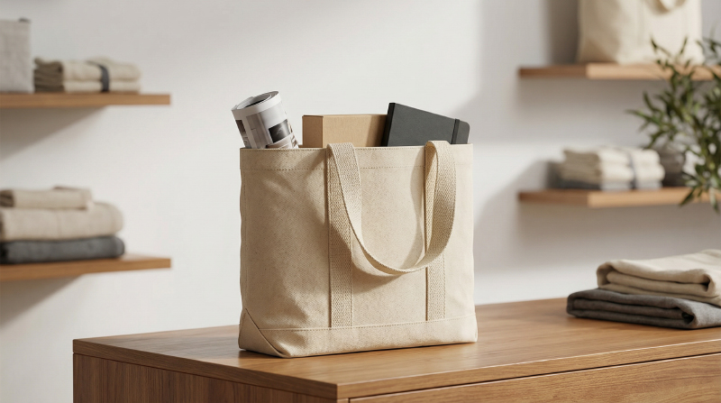 Balanced-10oz-canvas-tote-bag-used-for-retail-packaging-and-daily-reusable-shopping-showing-medium-weight-durability-and-structure