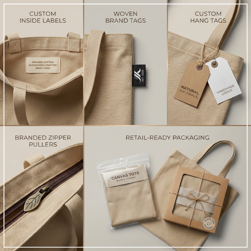 Combination-image-showing-inside-labels,-woven-brand-tags,-hang-tags,-zipper-pull-branding,-and-retail-packaging-options-for-custom-canvas-tote-bags