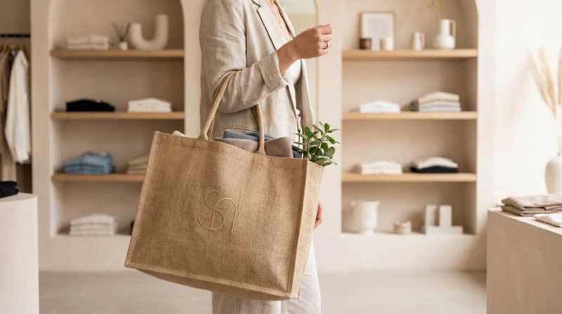 Custom-jute-tote-bag-used-in-fashion-retail-store