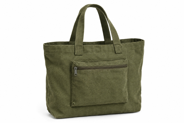 Olive-green-canvas-tote-bag-with-exterior-zipper-pocket